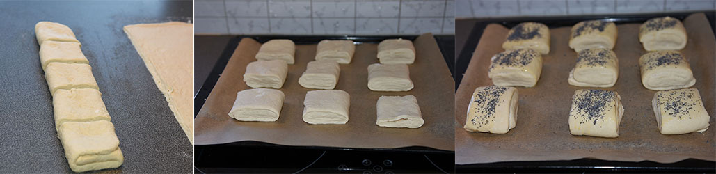 Frokostrundstykker Ingredienser: 8 dl 	Hvetemel  (jeg brukte nesten 10)  50 g 	Smør 1 pk 	Gjær  1 ts 	Sukker 1 ts 	Salt  2 dl 	Vann 2 dl	Melk   	     	Egg, Valmuefrø 