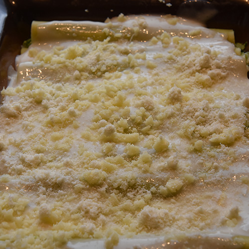 Canneloni ai broccoli – Canneloni med brokkoli Ingredienser: 12 Pastaplater 800 g Brokkoli 1 Løk ½ Purre 1 ss Smør 180 g Hvit ost (revet) 40 g Parmesan 5 dl Melk 2 ss Hvetemel 1 ts Salt (pepper)