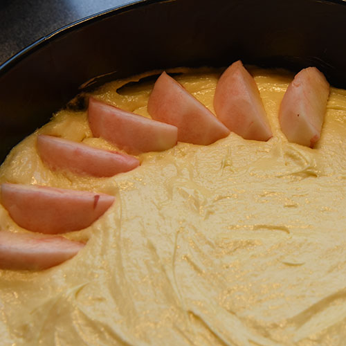 Eplekake etter oppskrift fra Baker Brun Ingredienser: 200 g Sukker 200 g Smør (smeltet) 4 Egg 110 g Hvetemel 1½ ts Bakepulver 3 Epler (i biter) 1 ½ ts Kanel (malt) 2 ss Sukker 60 g Hakkete mandler