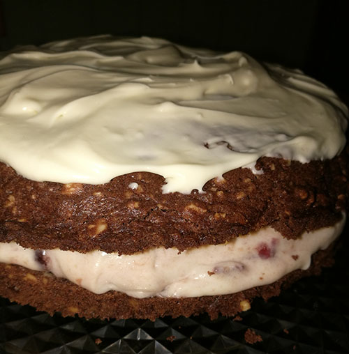 Tranebærkake Ingredienser: Kaken: 100 g Smør 60 g Sukker 2 Egg 125 g Hvetemel 100 g Hasselnøtter (malte) 1 ts Bakepulver 1 ts Vaniljesukker 2 ss Kakao 3 ss Melk Fyll: 100 g Tranebær 50 g Sukker ½ dl Vann (kan bruke utblandet gløgg) 2 dl Fløte