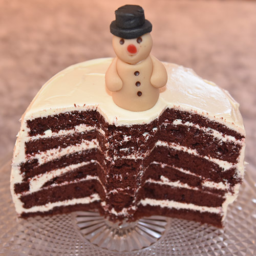 Snømannkake Ingredienser: 450 g Hvetemel (7 ½ dl) 400 g Sukker (5 dl) 4 ss Maisenna (70 g) 4-5 ss Kakao (70 g) 1 ss Natron 1 ts Bakepulver 4 Egg 3 dl Rømme 3 ½ dl Vann (varmt) 1 dl Olje (nøytral) 1 ts Vaniljeekstrakt 1 ts Eddik (eplesider) 2 ss Konditorfarge (rød) Fyll og topping: 500 g Kremost (Philadelphia) 225 g Smør 600 g Melis 1 ts Vaniljeekstrakt Pynt: Marsipansnømann Snømannkjeks