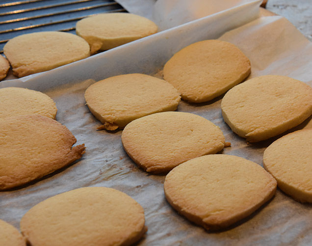 Tyske skiver etter oppskrift fra Baker Brun (2018), «Våre beste oppskrifter. 125 år med tradisjonsbakst, s. 101» (gjengitt med tillatelse fra Baker Brun) Ingredienser: 250 g Smør 225 g Sukker 1 Egg 425 g Hvetemel 125 g Potetmel 1 ts Bakepulver 1 ts Vaniljesukker
