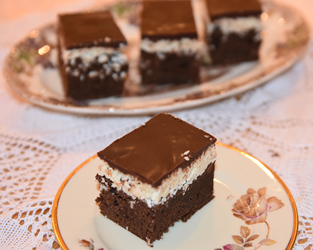 Brownies med kokos- og sjokoladetopping  Ingredienser:  160 g	Hvetemel 5 ss	Kakao  225 g	Smør 2 ts	Kaffepulver 120 g	Brunsukker 200 g	Sukker (hvitt) 5 	Egg 2 ts	Vaniljesukker   Kokostopping:  180 g	Kondensertmelk (søt) 1 ts	Vaniljesukker  ¼ ts	Salt 400 g	Kokos 220 g	Melis  Sjokoladetopping: 220 g	Sjokolade (mørk) 1 ts	Sirup (hvit) eller glukose 115 g	Smør 