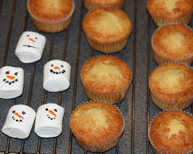 Snømannmuffins Ingredienser: 1½ dl Sukker 100 g Smør /margarin (smeltet) 2 Egg 2½ dl Hvetemel 1 ts Bakepulver 1 ts Vaniljesukker 1 dl Melk Pynt: 1- 2 dl Kremfløte Marshmallows Nonstop konditorfarge