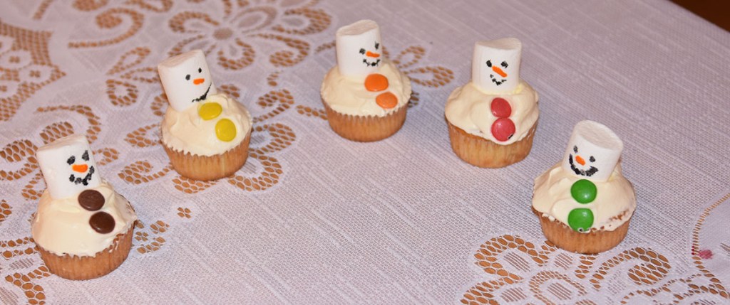 Snømannmuffins Ingredienser: 1½ dl Sukker 100 g Smør /margarin (smeltet) 2 Egg 2½ dl Hvetemel 1 ts Bakepulver 1 ts Vaniljesukker 1 dl Melk Pynt: 1- 2 dl Kremfløte Marshmallows Nonstop konditorfarge