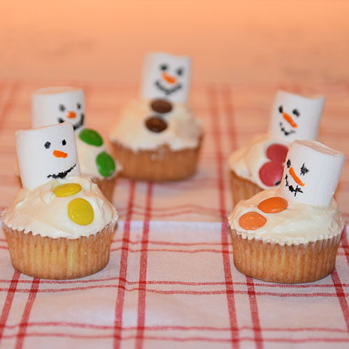 Snømannmuffins Ingredienser: 1½ dl Sukker 100 g Smør /margarin (smeltet) 2 Egg 2½ dl Hvetemel 1 ts Bakepulver 1 ts Vaniljesukker 1 dl Melk Pynt: 1- 2 dl Kremfløte Marshmallows Nonstop konditorfarge