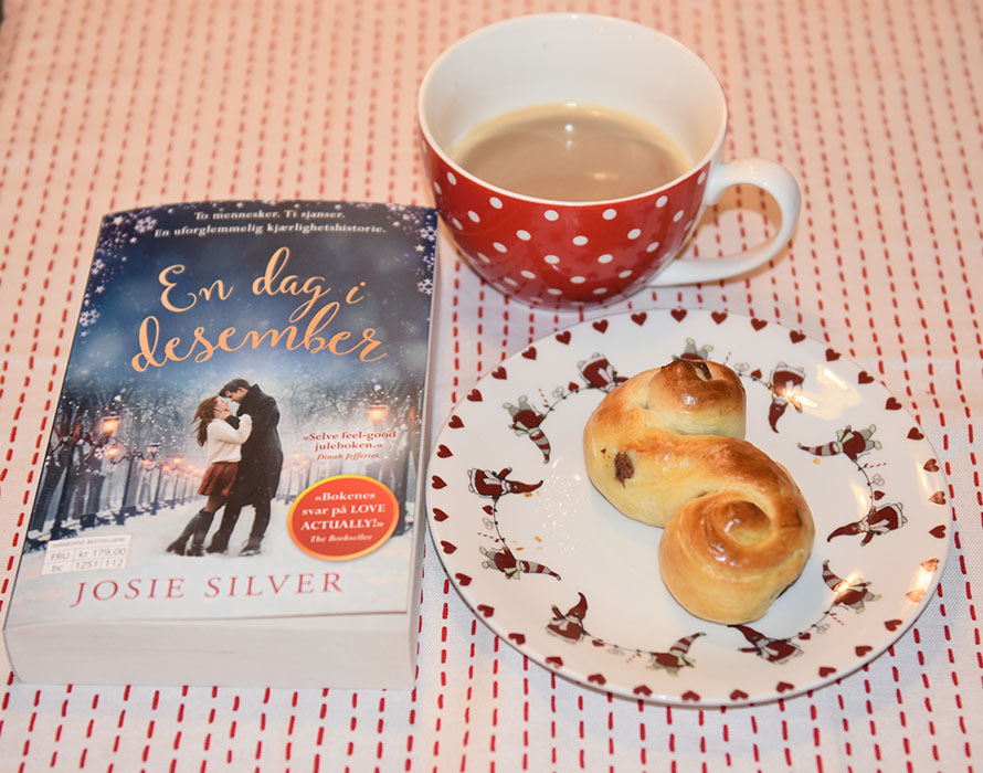 Silver, Josie (2018) «En dag i desember», Vigmostad og Bjørke OG Lussekatter etter oppskrift fra Baker Brun Ingredienser: 200 g Smør (mykt) 5 dl Melk 1 pk Gjær ¼ g Safran 1 ts Salt 2 dl Sukker 2 Egg 18-20 dl Hvetemel 2 ss Rosiner 1 Egg (sammenvispet)