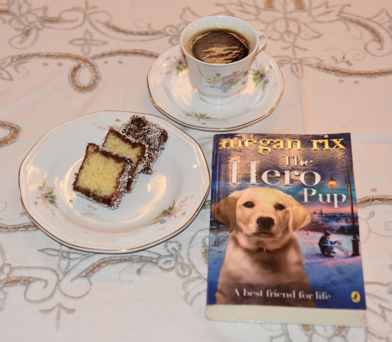 Rix, Megan (2014) «The Hero Pup», Puffin OG Lamingtons Ingredienser: Kakebunn:: 50 g Smør 1 ¾ dl Sukker 2 ½ dl Hvetemel 3 Egg 2 ts Bakepulver Glasur og pynt: 500 g Melis 2 ss Kakaopulver 6-8 ss Vann (varmt) 500 g Kokos https://heidisboble.no/ @heidisboble