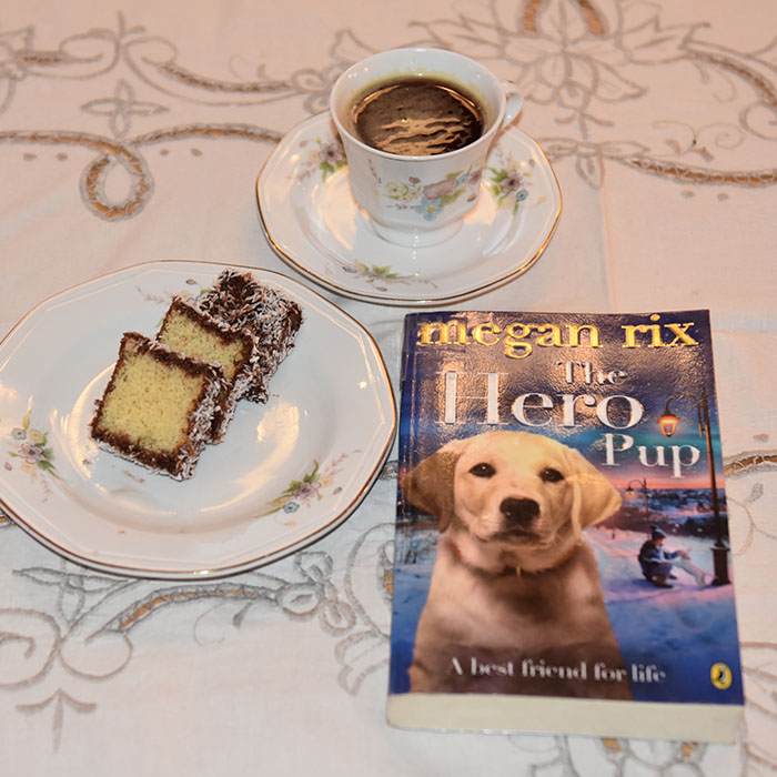 Rix, Megan (2014) «The Hero Pup», Puffin OG Lamingtons Ingredienser: Kakebunn:: 50 g Smør 1 ¾ dl Sukker 2 ½ dl Hvetemel 3 Egg 2 ts Bakepulver Glasur og pynt: 500 g Melis 2 ss Kakaopulver 6-8 ss Vann (varmt) 500 g Kokos https://heidisboble.no/ @heidisboble