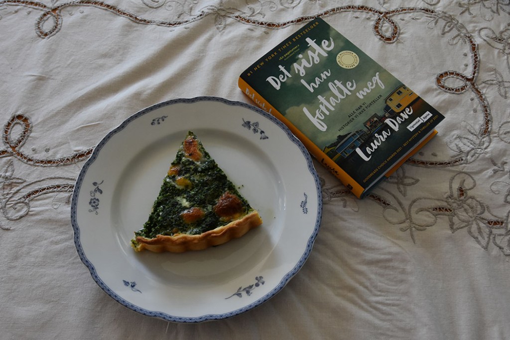 Dave, Laura (2022) «Det siste han fortalte meg», Vigmostad Bjørke OG Spinatpai Ingredienser: Bunn: 3 dl Hvetemel 100 g Smør 2-4 ss Kaldt vann Fyll: 4 Egg 3 dl Melk 1 ts Salt 1 krm Pepper 1 klype Muskatnøtt (revet) - valgfritt 1 pk Spinat (frossen) 1 Løk (liten) 1 pk Mozzarella 75 g Ost (revet) https://heidisboble.no/ @heidisboble