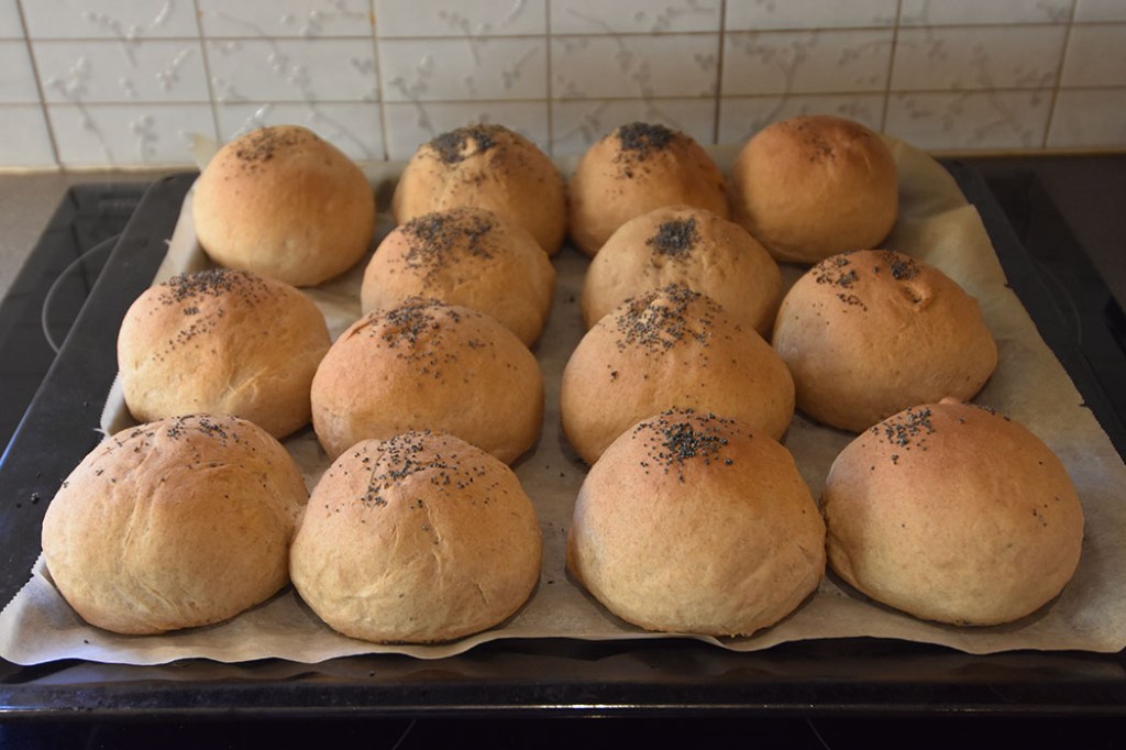 Fullkornsrundstykker med valmuefrø Ingredienser 1 pk Gjær 5½ -6 dl Vann (kaldt) 1 kg Fullkornshvete (ca 17 dl) 2 ts Salt 50 g Smør (romtemperert) Topping (valgfritt) Vann Valmuefrø https://heidisboble.no/ @heidisboble